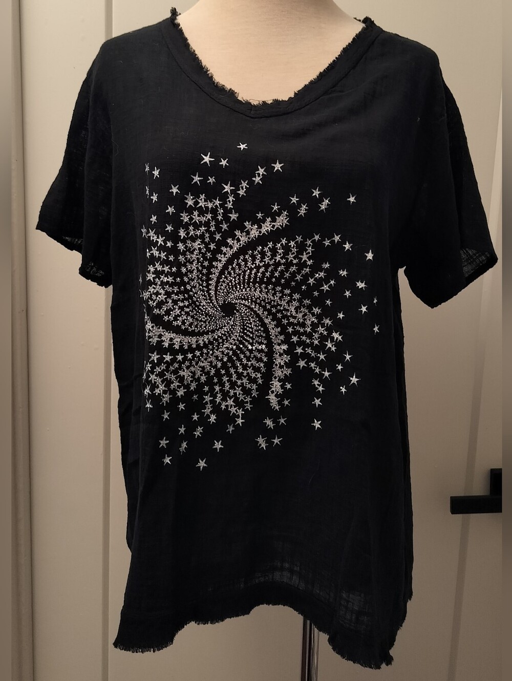 Women's Black Short Sleeve Top with White Star Swirl with Crystals